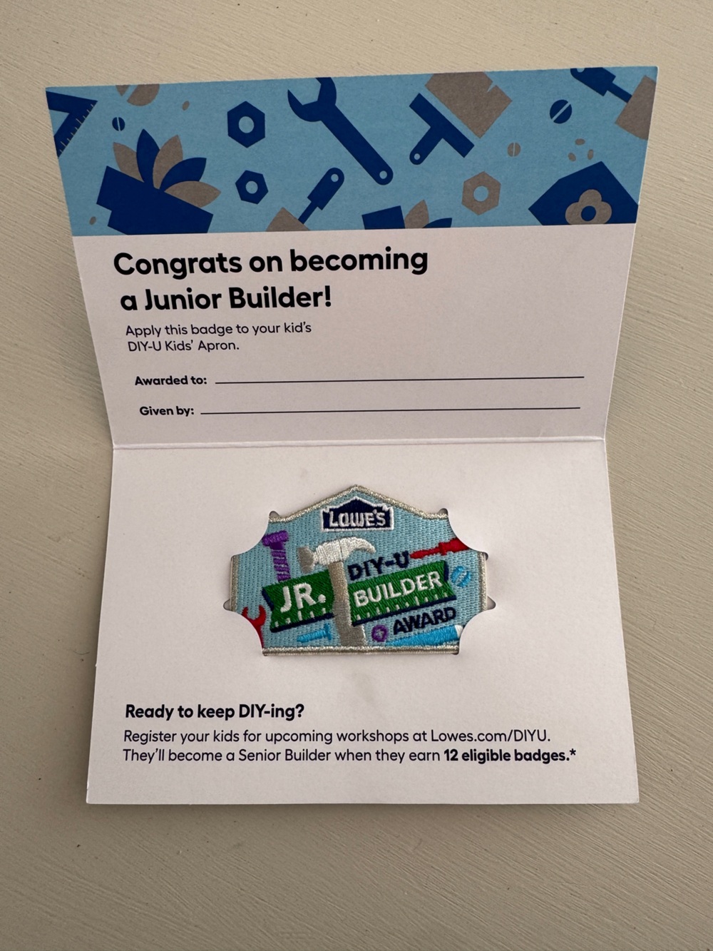 Lowe’s DIY Jr. Builder Award Patch - Blue/Green Kids Accessory